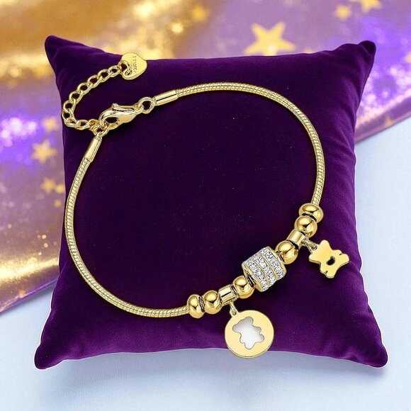 🆕️18K Gold Plated Bear Charm Bracelet with Sparkling Rhinestones & Beads 💫🐻 - Picture 1 of 12